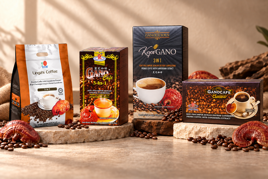 DXN and Gano Excel coffee products arranged for a sachet-count buying guide
