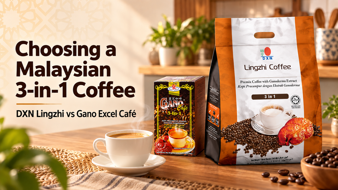 DXN Lingzhi Coffee package shown about three times larger than Gano Excel Café 3-in-1 box