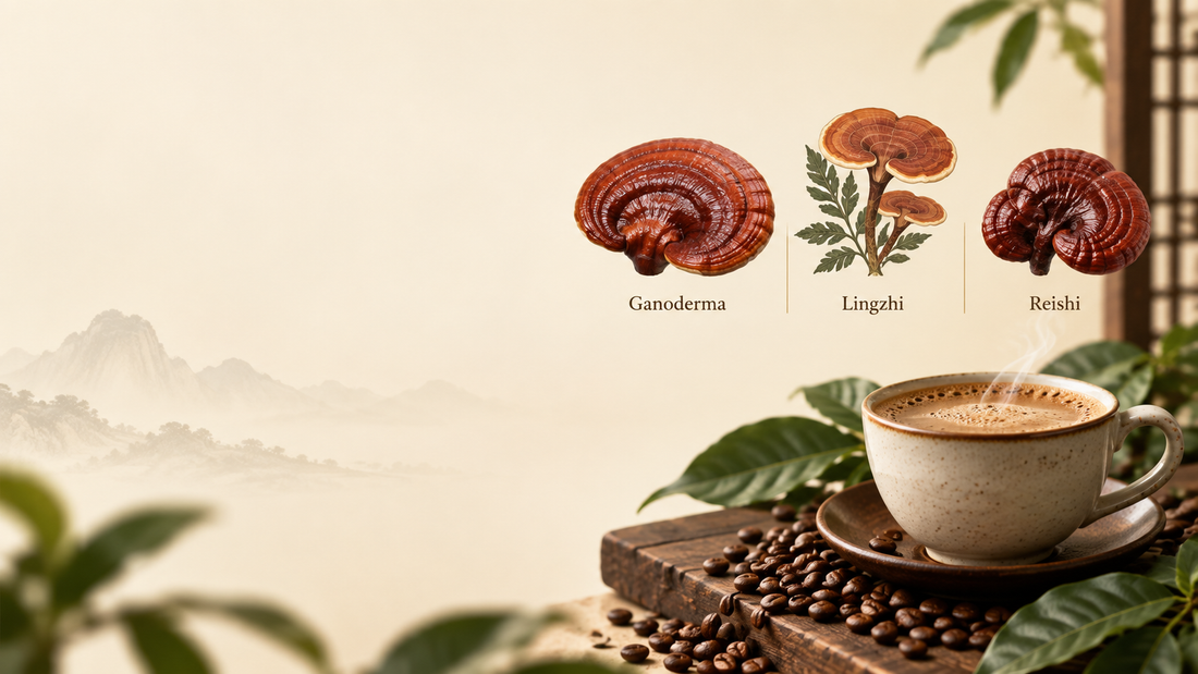 Ganoderma, Lingzhi, and Reishi concepts beside a cup of Malaysian 3-in-1 coffee