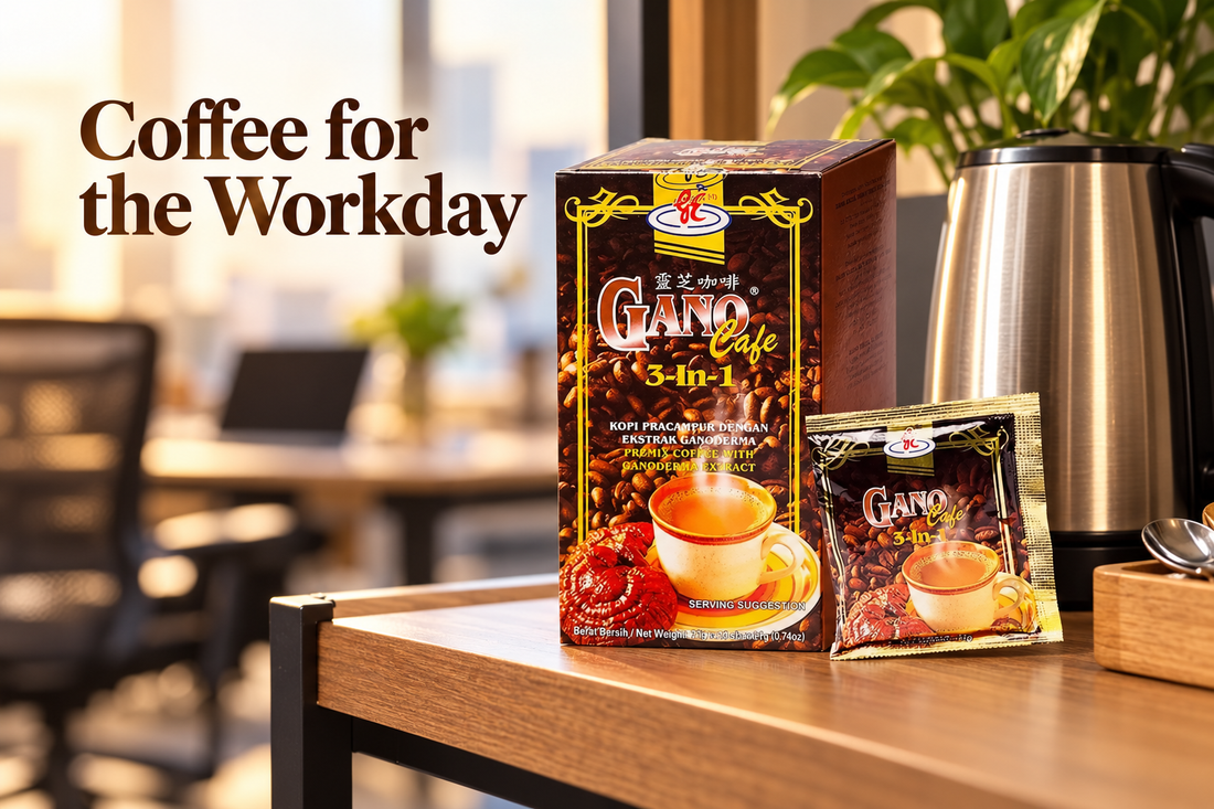 Gano Excel Café 3-in-1 catalog box and sachet in an office coffee station