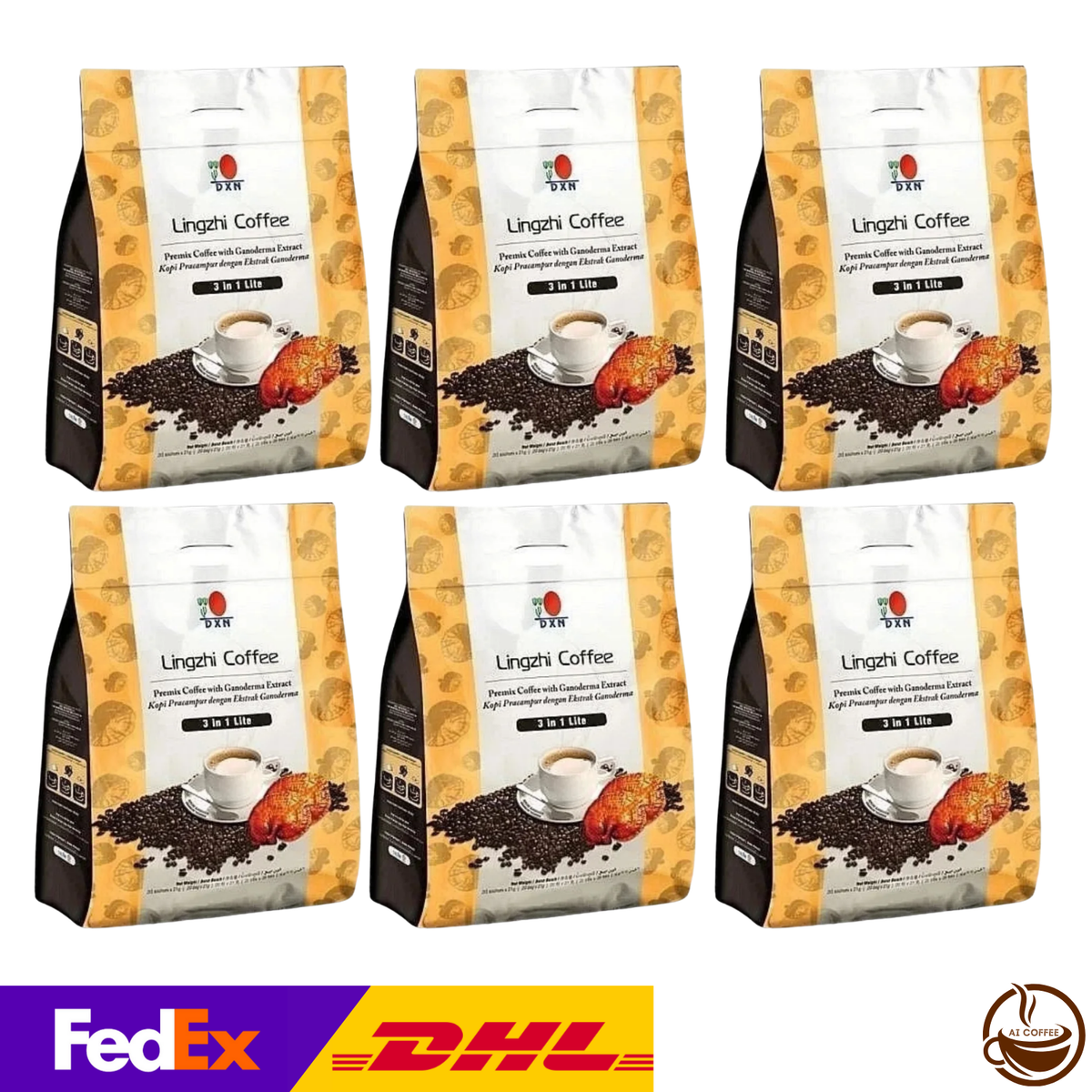DXN Lingzhi Coffee 3-in-1 Lite with Ganoderma (20 Sachets/pack) - 6 Boxes